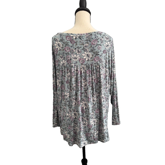 J.Jill Size XL Long Sleeve w/ stretch Blue Floral Print Knit Blouse - Picture 2 of 8